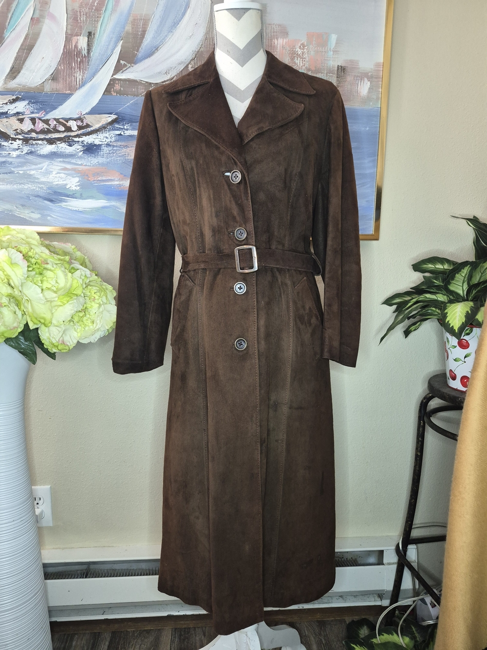 Vintage Oceania Women's Brown Suede Long Trench Coat with Belt